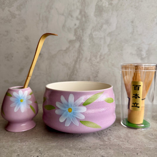 4-piece Premium Matcha Set - Purple Flowers (Hand-Painted)